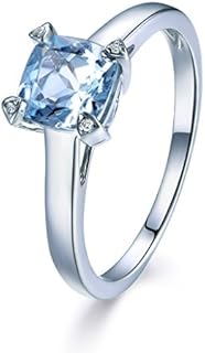 Natural Blue Aquamarine Wedding Ring,6mm Cushion Cut,Solid 14k White Gold,Engagement Bridal Proposal Band