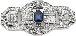 LARGE Antique Vintage Classic Art Deco Style Silver Tone Blue Sapphire Rhinestone Statement Bridal Wedding Brooch Pin