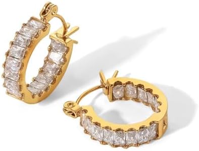 14K Gold Large Crystal Hoop Earrings with Hinged Hoop Clasp for Women, Classy Hoop Design