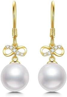 SISGEM 14k Gold Natural Diamond Infinity and Pearl Dangle Earrings for Women, Fine Jewelry Gifts for Her, 9 MM Freshwater Cultured Pearl