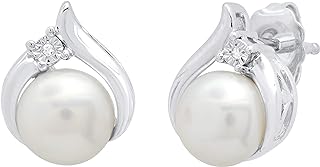 Push-Back Freshwater Pearl and Diamond Stud Earrings in Sterling Silver for Women - Round Design