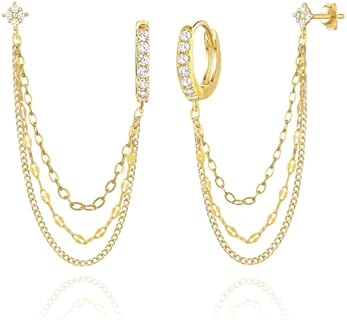 925 Sterling Silver Double Piercing Hinged Hoop Chain Earrings with Zircons for Women and Girls - Four Flower Stud and Chain Design