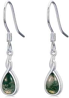 Moss Agate Earrings 925 Sterling Silver Teardrop Green Dangle Drop Agate Earrings Moss Agate Irish Jewelry Gifts for Women