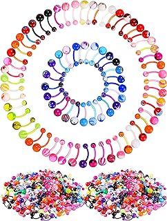 Junkin 200 Pieces Belly Button Rings Piercing multipack belly ring Button Banana Barbells Colorful Body Navel Rings Navel Barbell Acrylic Balls Steel Belly Rings Body Piercing Jewelry