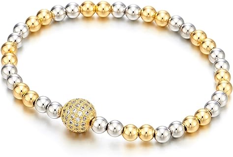 No-Clasp Gold & Silver Bead Women's Bracelet with Cubic Zirconia in Box Chain Design - COOLSTEELANDBEYOND