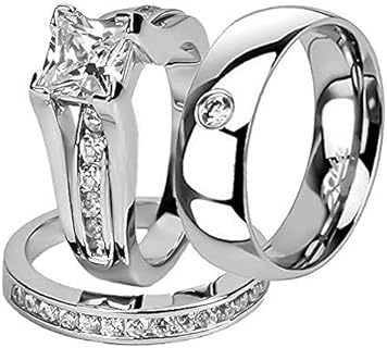 Enchanted Cubic Zirconia Wedding Rings with Stainless Steel for Couples, Princess Cut Design
