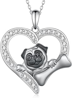 925 Sterling Silver Rolo Chain Pug Pendant Necklace with Cubic Zirconia for Dog Lovers and Enthusiasts
