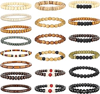 Jstyle 20Pcs Wooden Bead Bracelet for Women Mens Lava Rock Stone Beads Essential Oil Diffuser Beaded Bracelets Bangles Elastic Stretch Bracelet Set