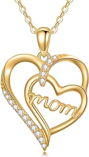 Double Heart Pendant Necklace with Cubic Zirconia, 14k Real Gold Chain for Women- Mother's Day/Birthday Gift for Wife, Nana, Grandma & Mother-in-law, Heart-Shaped/Mom Engraving