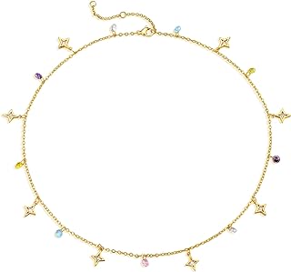Fettero Gold Chain Choker Necklace for Women, 14k Gold Plated Adjustable Star Dangle Dainty Chain Long Necklace Delicate Fashion Jewelry Gift