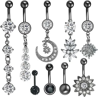 K&Y 9PCS 14G Stainless Steel Belly Button Rings Curved Barbell Piercing For Women Dangle Surgical Navel Rings Body Piercing Jewelry