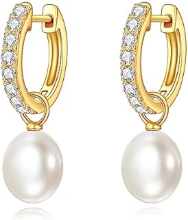 Yellow Gold Pearl Drop Earrings Fine Gold Classical Freshwater Pearl Hoop Earrings Christmas Gifts for Women Girls