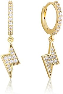 14K Gold-Plated Lightning Bolt Dangle Earrings with Cubic Zirconia for Men and Women, Hinged Hoop Back Design, by TOPGRILLZ