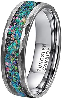6mm 8mm Silver/Black Hammered Tungsten Rings for Men Women Couple Genuine Galaxy Opal Inlay Fashion Jewelry Engagement Wedding Bands Matte Finish Comfort Fit