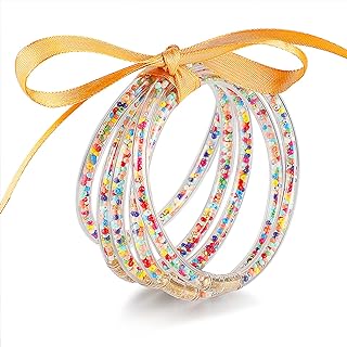 YBMYCM Women's Glitter-Filled Box Chain Jelly Silicone Bangles with Alloy Clasp, Set of 11