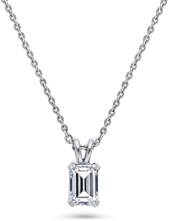 BERRICLE Sterling Silver Solitaire 1 Carat Emerald Cut Cubic Zirconia CZ Anniversary Pendant Necklace for Women, Rhodium Plated