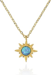 Spring Ring Clasp Sunburst Pendant Necklace with Cable Chain + Blue Opal Gem - Stylish Necklace for Women & Teen Girls - Round Design