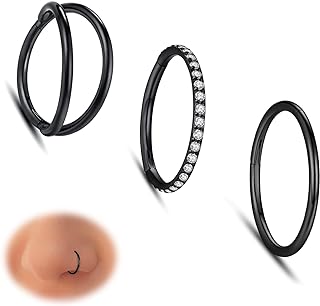 WBRWP 3pcs Nose Rings Hoops: 316L Surgical Steel Double Hoop Nose Rings 16G 18G 20G Hinged CZ Septum Conch Clicker Lip Rings Cartilage Helix Rook Tragus Daith Earring Hoops Body Piercing Jewelry 7mm 8mm 9mm 10mm