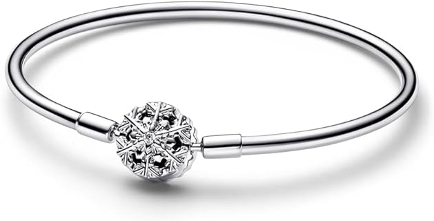 "Lobster Claw Clasp" Pandora Moments Snowflake Charm Bangle Bracelet in Sterling Silver - Box Chain Design with Cubic Zirconia - Perfect Gift for Her