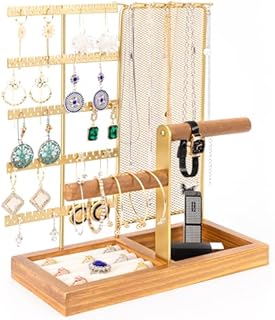 BYT Jewelry Organizer Stand Earring Holder Necklace Organizer, 5-Tier Jewelry Holder Organizer, Earring Organizer Storage with Organizer Mesh and Removable Wood Ring Tray (Golden)