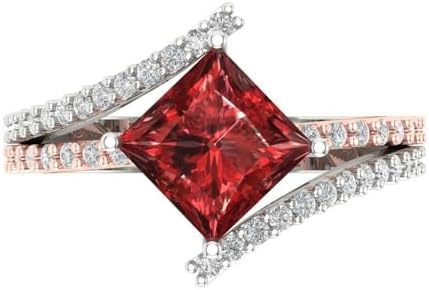 Clara Pucci Two-Tone 18K Gold Ring, 2.45ct Princess Cut Solitaire with Red Garnet Accents - US Size 3.5, Personalized Engraving Option