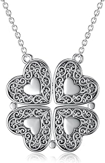 925 Sterling Silver Lucky Four Leaf Clover Necklace,4-in-1 Wearing 2 Sides Heart Love Oxidized Pendant Gift for Women