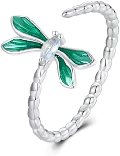 925 Sterling Silver Dragonfly Engagement Ring with Cubic Zirconia for Women - Adjustable Expandable Promise Ring, Butterfly Beaded Design