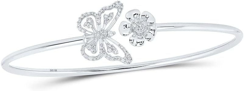Dazzlingrock Collection 10kt White Gold Womens Round Diamond Butterfly Flower Bangle Bracelet 1/4 Cttw