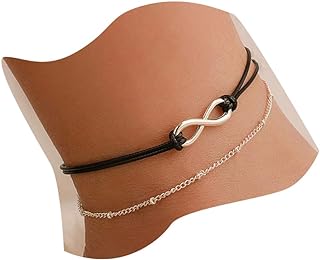 Lobster Claw Black Anklet - Bohemia Layered Leather and Silver Infinity Knot for Women - Boho Beach Design Foot Jewelry