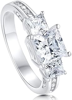 2 3/5 Carat (ctw) 3-Stone Princess Cut Moissanite engagement Rings for women Platinum Plated Silver moissanite rings (Available in size 4.5-11)