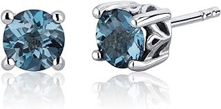 Peora London Blue Topaz Stud Earrings 925 Sterling Silver, Solitaire Scroll Gallery, Natural Gemstone Birthstone, 2 Carats Total, Round Shape 6mm, Friction Backs