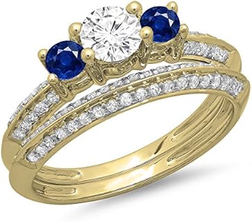 14K Gold Coral Wedding Ring with Blue Sapphire & White Diamond for Couples in Round Design