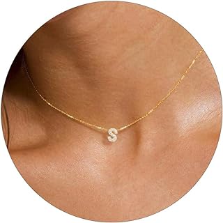 Lobster Clasp Gold Initial Choker Necklace with Rolo Chain and Cubic Zirconia for Women & Teen Girls, KAERUN Dainty Monogram Name Design