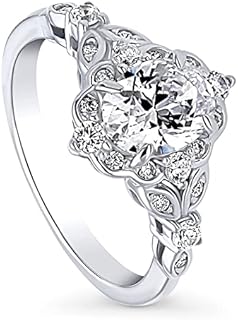 BERRICLE Sterling Silver Halo Wedding Engagement Rings Oval Cut Cubic Zirconia CZ Art Deco Ring for Women, Rhodium Plated Size 4-10