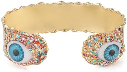 HZMAN Evil Eye Bracelet for Women Gold Plated Wide Bangle Cuff Bracelet Turkish Chunky Open Bracelet Protection Jewelry Gift