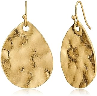 Antique Gold Hammered Disc Drop Earrings with French Wire Back for Everyday Glamour - Teardrop Design