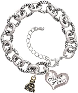 Delight Jewelry Plated Mini Buddha - Class of 2024 Heart Charm Link Bracelet, 7.25+1.25" Extender
