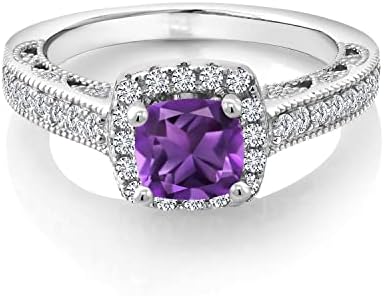 Gem Stone King 925 Sterling Silver Purple Amethyst and White Created Sapphire Women Engagement Ring (1.55 Ct Cushion 6MM, Gemstone Birthstone, Available in size 5, 6, 7, 8, 9)