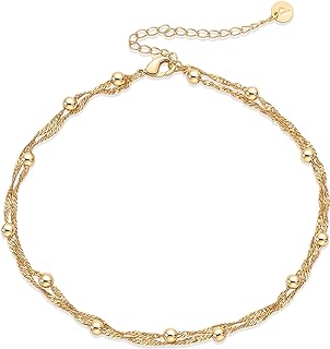 PAVOI 14K Gold Plated Charm Link Flat Anklets for Women | Dainty Cubic Zirconia Boho Festival Adjustable Gold Anklets