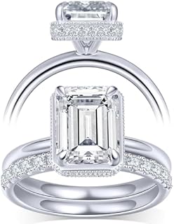 D-Color VVS1 Clarity Moissanite Wedding Ring Set for Her in 18K White Gold Plated | 1.35-2.48 CTTW | Sterling Silver Engagement & Bridal Promise Rings | Emerald and Round Cut Design