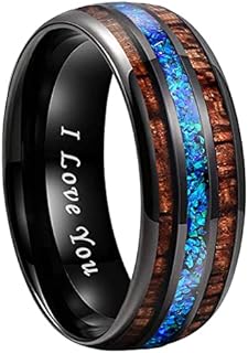 8mm Silver/Black Tungsten Rings with Koa Wood Inlay & Blue/Green Opal for Men & Women - Domed Wedding Bands