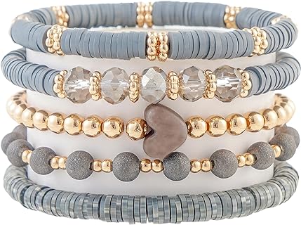 Women's Heishi Beaded Stretch Bracelets Set with Bead Chain - Water-Resistant Gold Polymer Clay Beads - Boho Style - Stackable - 7 Inches Length