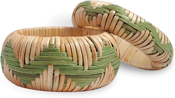 Vibrant Handmade Zigzag Patterned Green Rattan Bangle Bracelets for Women, Comfortable Wood Material, Great for Medium to Large Wrists, Perfect Gift for Special Occasions, from India