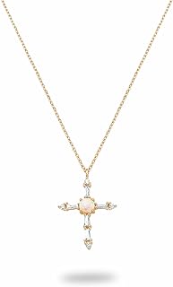 Bearfruit Opal Cross Necklace | Opal Stud Cross Pendant Gold Necklaces for Women | Yellow Gold, White Gold | Adjustable 16” to 18”
