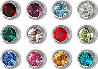 12 Pair Stainless Steel Bezel Stud Earrings Set with Assorted Birthstones, Push Back Design for Men and Women