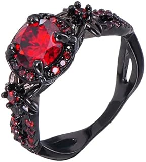 Fire Opal CZ Fashion Round Red Ruby Ring Gothic Black Skull Rings Red Purple Crystal Ring Cocktail Party Halloween Biker Rings for Women Christmas Gifts (US Sizes 5-10)