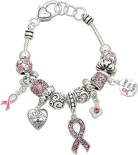 Lola Bella Gifts Crystal Keep the Faith Pink Ribbon Breast Cancer Awareness Charm Bracelet with Gift Box