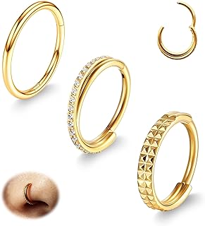 PiercingArt 3Pcs 18G 8mm Gold Nose Rings Hoops Surgical Steel Piercing Jewelry Clicker for Nostril Septum Cartilage Earring Conch Helix Daith Tragus Lip Hinged Segment for Women
