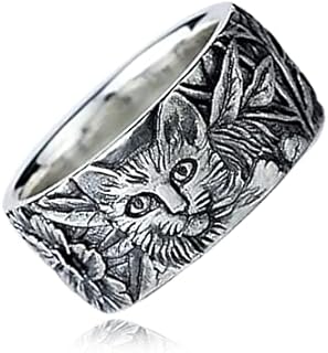 Retro Vintage S925 Sterling Silver Bands Ring for Women Men,Engraved Forest Mountain Flower Leaf Zebra Tiger Cat Rings,Realistic Relief Design,All Lifelike