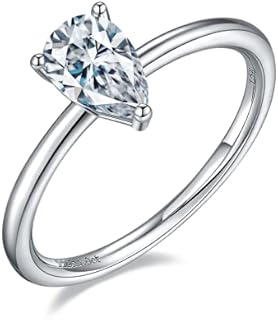 1 Carat Pear Shaped Moissanite Engagement Ring with Platinum Plated Sterling Silver for Her, Tear Drop Design
